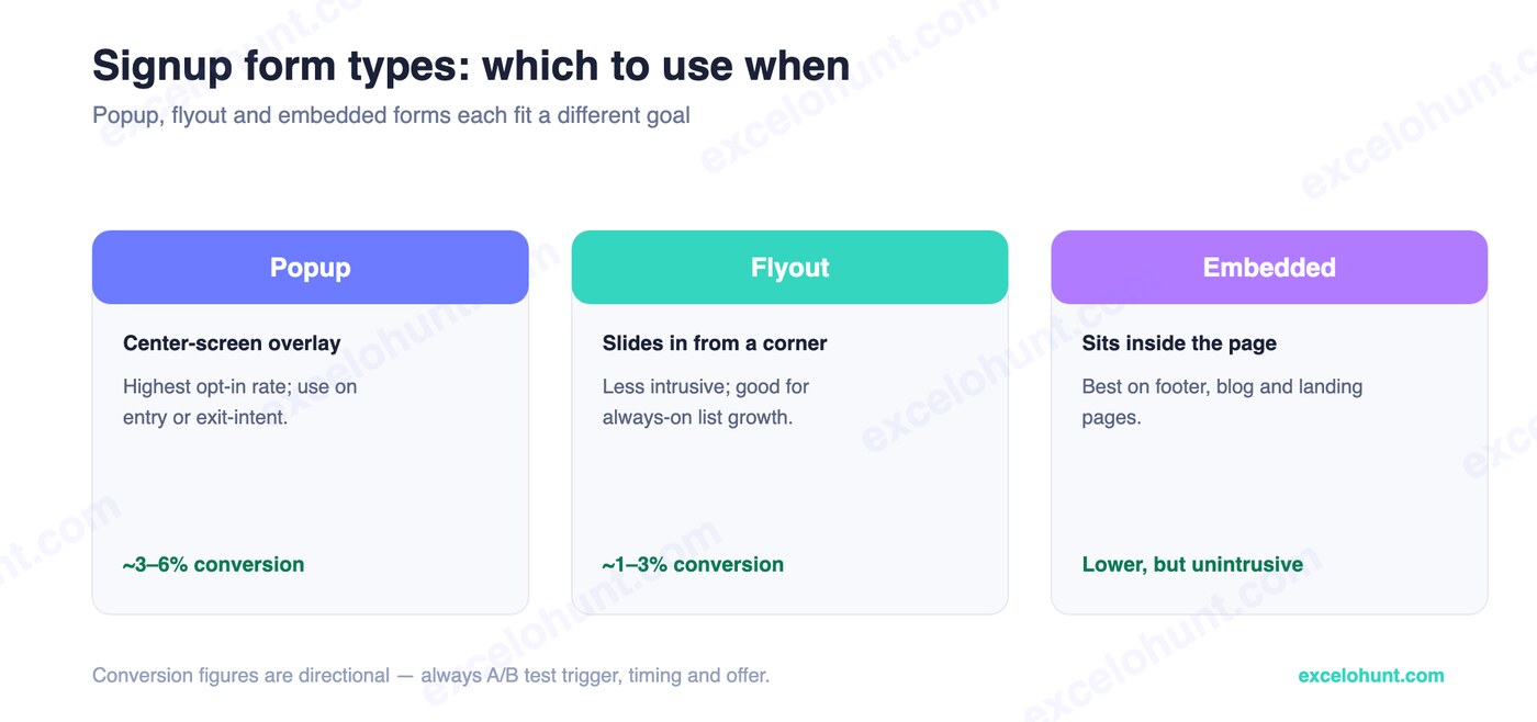Klaviyo signup form types compared: popup, flyout and embedded, with when to use each and typical conversion rates