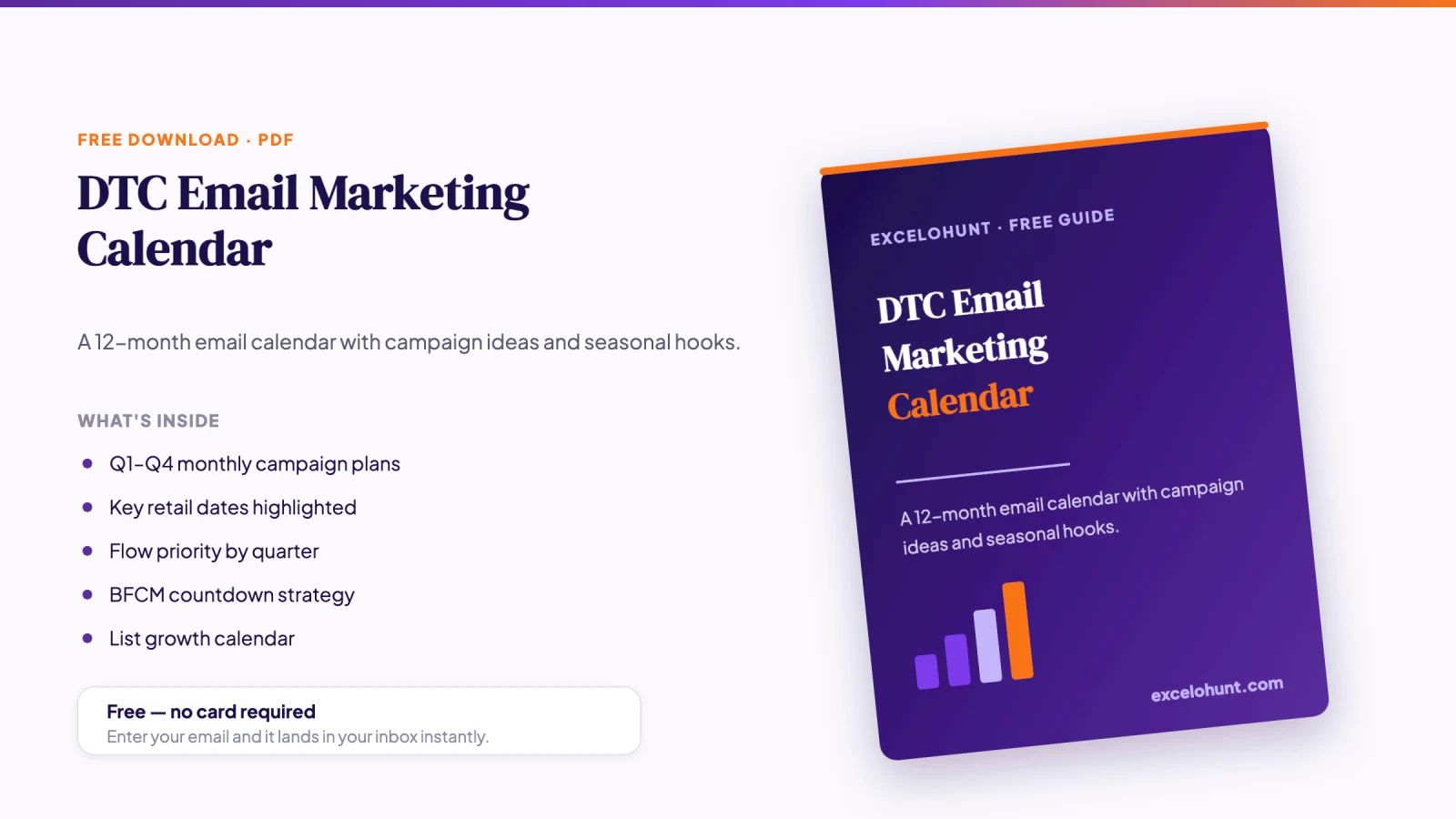 Cover mockup of the free DTC Email Marketing Calendar PDF download from Excelohunt